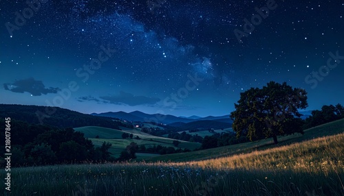 Night Sky with Milky Way Galaxy and Rolling Hills Landscape