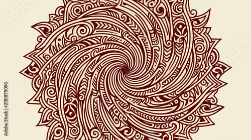 Intricate circular mandala pattern featuring detailed brown swirling linework and ornamental tribal vector art elements creating a hypnotic geometric design composition on a light neutral