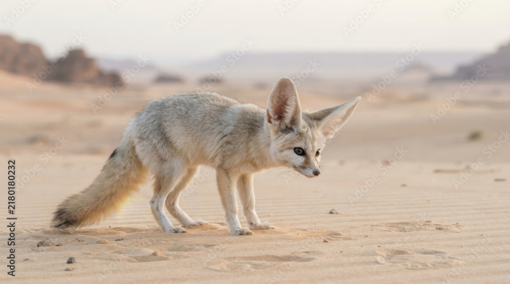 Fototapeta premium Desert Fennec Fox: A fennec fox with its characteristic large ears stands on the sandy desert floor, surrounded by arid dunes under a soft, hazy sky.