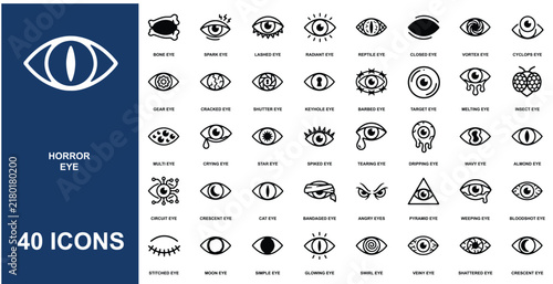 Set of forty horror eye themed outline featuring various monster eyes, bloodshot eyes, cracked eyes, and supernatural ocular expressions