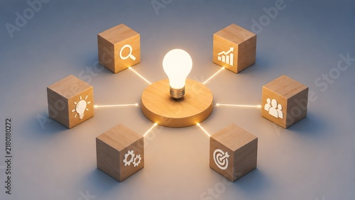 Hub and spoke business model concept with central glowing lightbulb radiating connections to wooden blocks featuring management and growth icons.