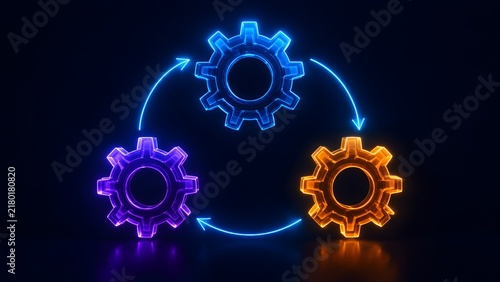 3D glowing neon gears in continuous cycle with arrows illustrating business process automation workflow and industrial synergy concept