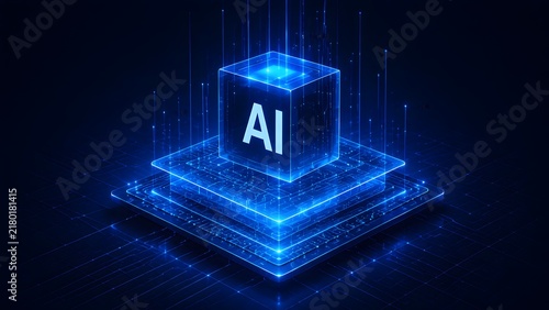 Plakat 3D glowing neon digital cube with AI text on computer microchip base illustrating artificial intelligence machine learning and future technology concept
