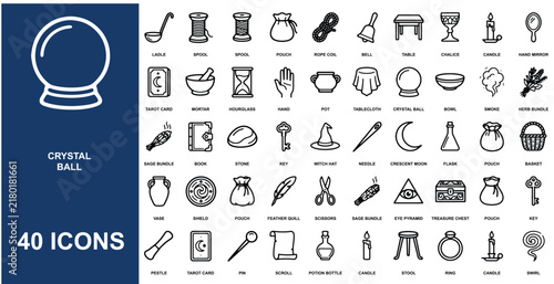 Set of forty mystical and occult themed featuring crystal balls, tarot cards, magic potions, witch hats, and ritual