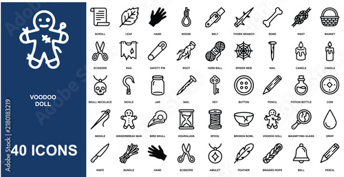 Set of forty voodoo and occult themed line featuring dolls, skulls, needles, scissors, and magical ritual on white background