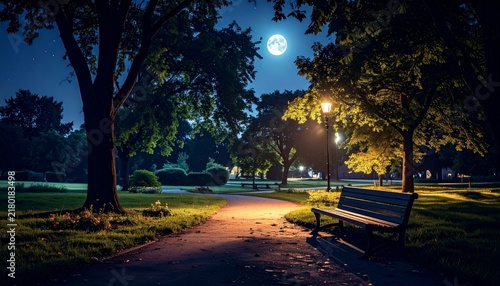 Night Park Path with Full Moon and Park Bench
