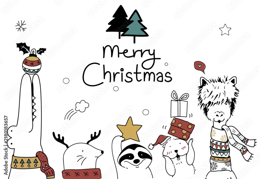 Obraz premium Hand drawn animals wishing a Merry Christmas