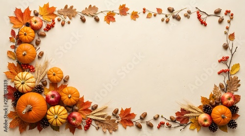 Autumn harvest border of pumpkins and colorful fall leaves on a neutral background