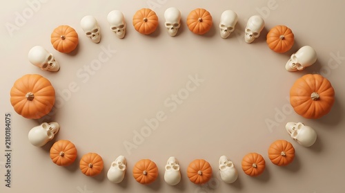 Halloween frame made of small orange pumpkins and white skulls on a neutral beige background top view