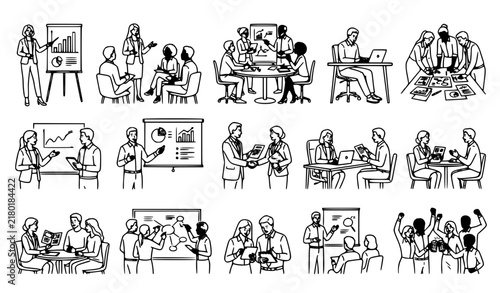 Diverse Corporate Workers Communication and Workplace Activity Vector Illustrations
