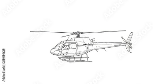 A detailed black and white line drawing depicts a Bell 212 helicopter. The helicopter is shown in profile, showcasing its rotor blades, fuselage, tail rotor, and landing skid.