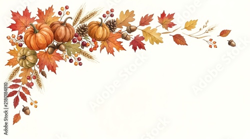 Watercolor autumn leaves corner border illustration for fall themed designs and backgrounds