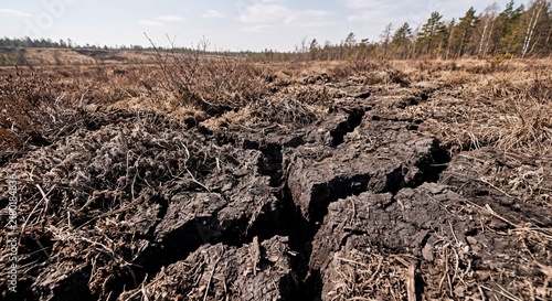 Cracked dark peat soil showing severe drought effects in a vast desolate swampy landscape environment