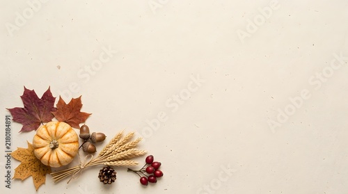 Autumn harvest arrangement with pumpkins leaves and wheat on a neutral background