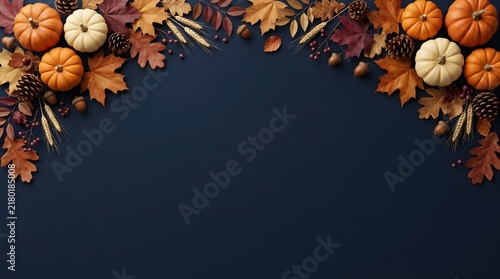 Autumn harvest arrangement with pumpkins gourds and colorful fall leaves on a dark background