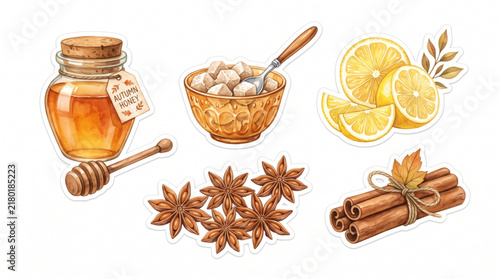 Watercolor Tea Party Illustration Set featuring Condiments Jam Honey and Elegant Tableware Design Elements