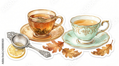 Set of Vintage Watercolor Teacups Clipart Hand-Painted Floral Porcelain Tea Cups Illustration Shabby Chic Retro Kitchen Decor Vector Graphic on White Background