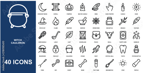 Set of forty witch and cauldron themed line featuring potions, magic wands, skulls, crystals, and ritual on white background