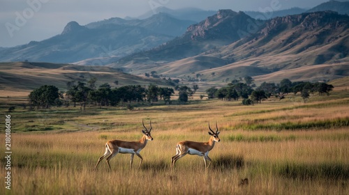 a pair of grant's gazelles stride across Kenyan grassland