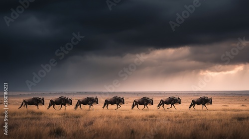 herd of wildebeest crossing in desert with storm coming background