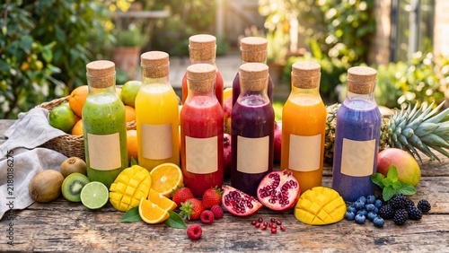 Vibrant assortment of fresh fruit juices and smoothies in glass bottles abstract background with flowing shapes and lines