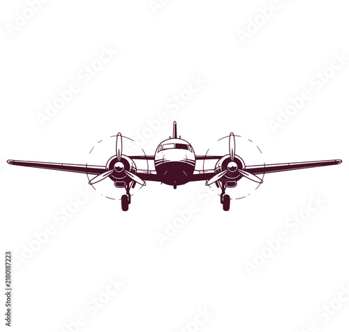 Vintage twin engine airplane flying low and straight on transparent background