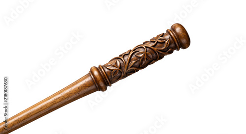 Foto Vintage carved wooden wand handle with leaf motifs for magical wizard prop design and fantasy role playing