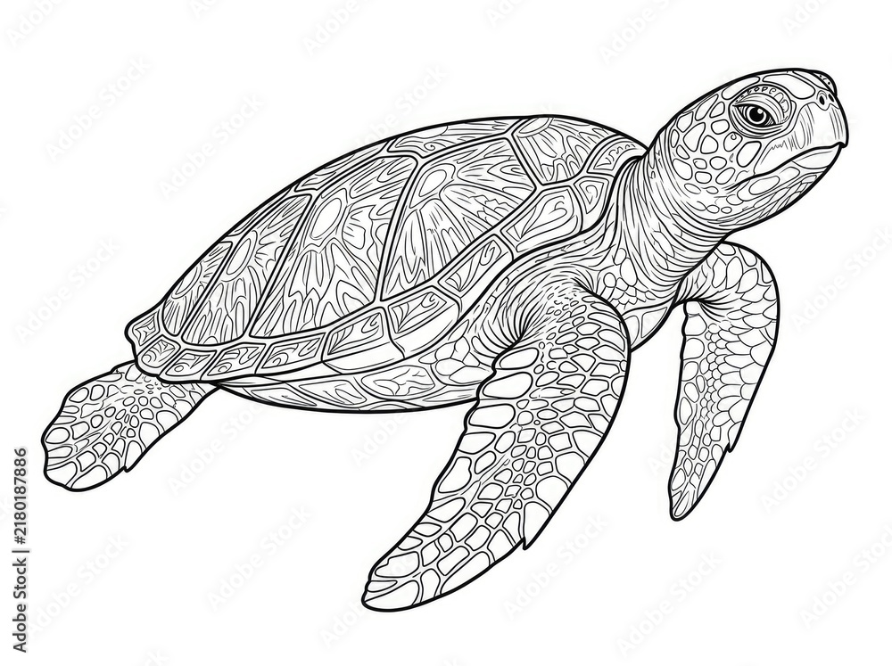 Fototapeta premium A detailed black and white line drawing of a sea turtle swimming in the ocean. The turtle has a textured shell and flippers.