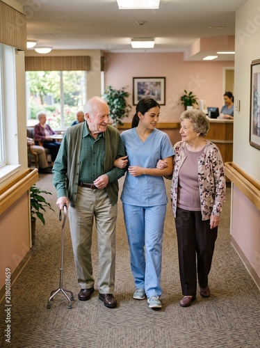 Caregiver assisting senior couple walking in nursing home hallway