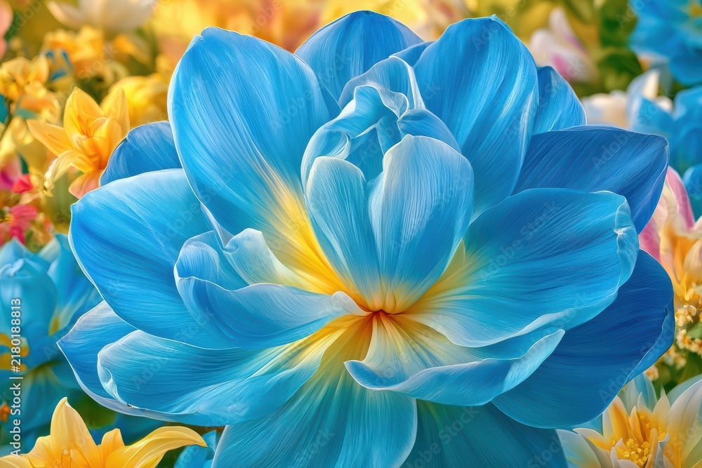 Fototapeta premium Vibrant blue flower blooming, soft yellow center, colorful garden