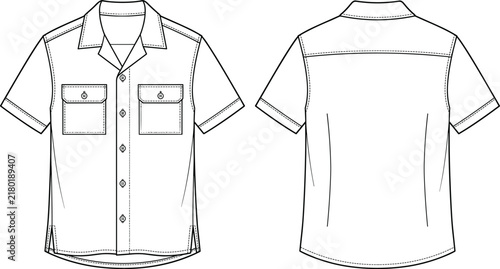 Foto Men short sleeve camp collar safari shirt fashion technical sketch front and bac