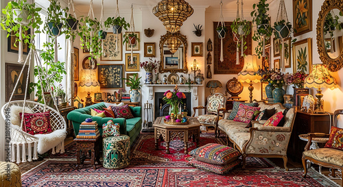 Bohemian maximalist living room with eclectic furniture and decor background full hd download 2025 2026 1