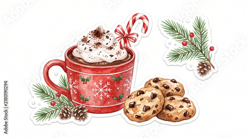Vector Illustration of a Red Ceramic Mug with Hot Cocoa and Steaming Chocolate Cozy Winter Beverage and Christmas Drink Concept