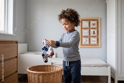 Child Learning To Organize Clothes With Visual Routine Board