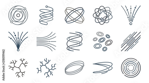 Bild auf Leinwand Quantum physics icons displaying atomic trajectories, particle radiation, and spiral waves isolated on a white background