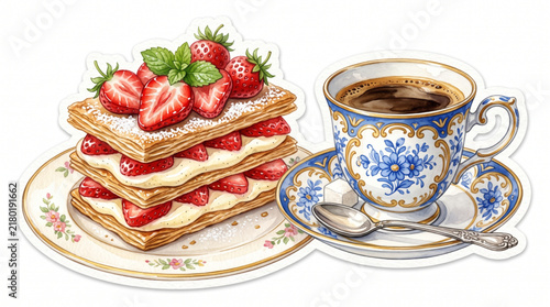 Vector illustration of a fresh strawberry pastry and a hot coffee cup perfect for bakery menus cafe signage and breakfast branding.