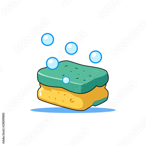 Cartoon kitchen sponge with blue soap bubbles on white background
