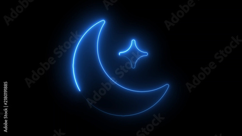 Foto Minimalist glowing neon crescent moon and four pointed star isolated on black ba