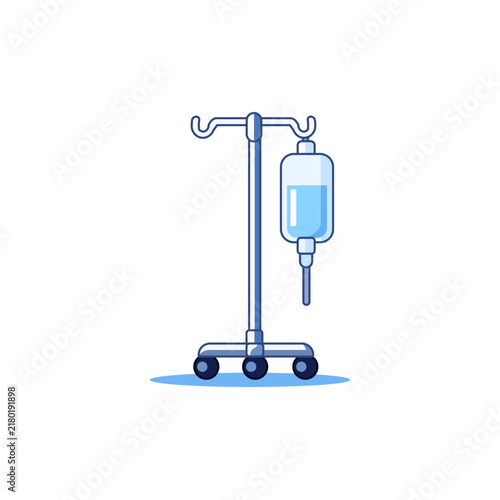 Medical IV drip stand with saline bag isolated on white background