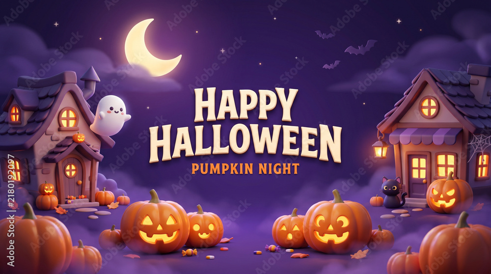 Fototapeta premium Happy Halloween banner in cute cartoon village street with glowing jack o lantern pumpkins cozy haunted cottages flying ghost and bright crescent moon night