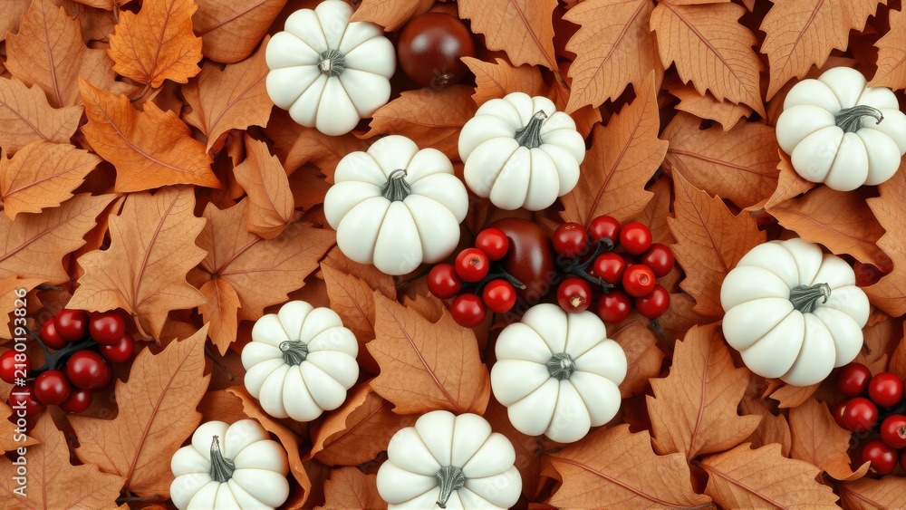 Fototapeta premium Autumn composition. White pumpkins, red berries, brown leaves create seasonal flatlay. Festive, cozy vibes present.