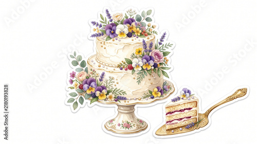 Vector Illustration of a Delicious Layer Cake Decorated with Beautiful Wildflowers and Floral Accents Isolated Graphic Design Element for Celebration and Nature Themes