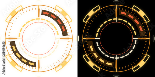 Futuristic sci-fi HUD circular frame, quadrant targeting reticle in amber gold, transparent background