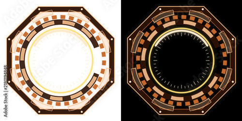 Futuristic sci-fi HUD circular frame, octagonal riveted ring in copper bronze, transparent background