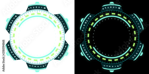 Futuristic sci-fi HUD circular frame, six floating plates in jade teal, transparent background