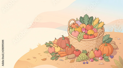 Vector Illustration of Woven Basket Overflowing with Autumn Harvest Produce