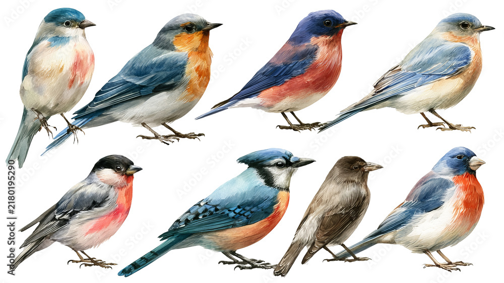 Obraz premium Forest bird collection, detailed watercolor clipart with soft shadows and clean edges, isolated PNG on transparent background