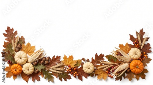 Decorative autumn garland featuring colorful fall leaves and small pumpkins isolated on a white background