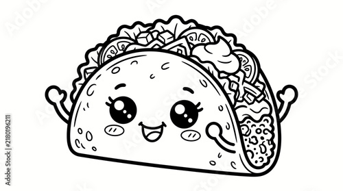 Kawaii Taco Coloring Page for Kids, Cute Mexican Food Vector Illustration Line Art
