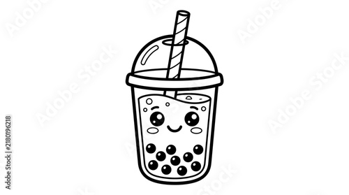 Cute Boba Tea Coloring Page for Kids with Kawaii Bubble Milk Tea Illustration